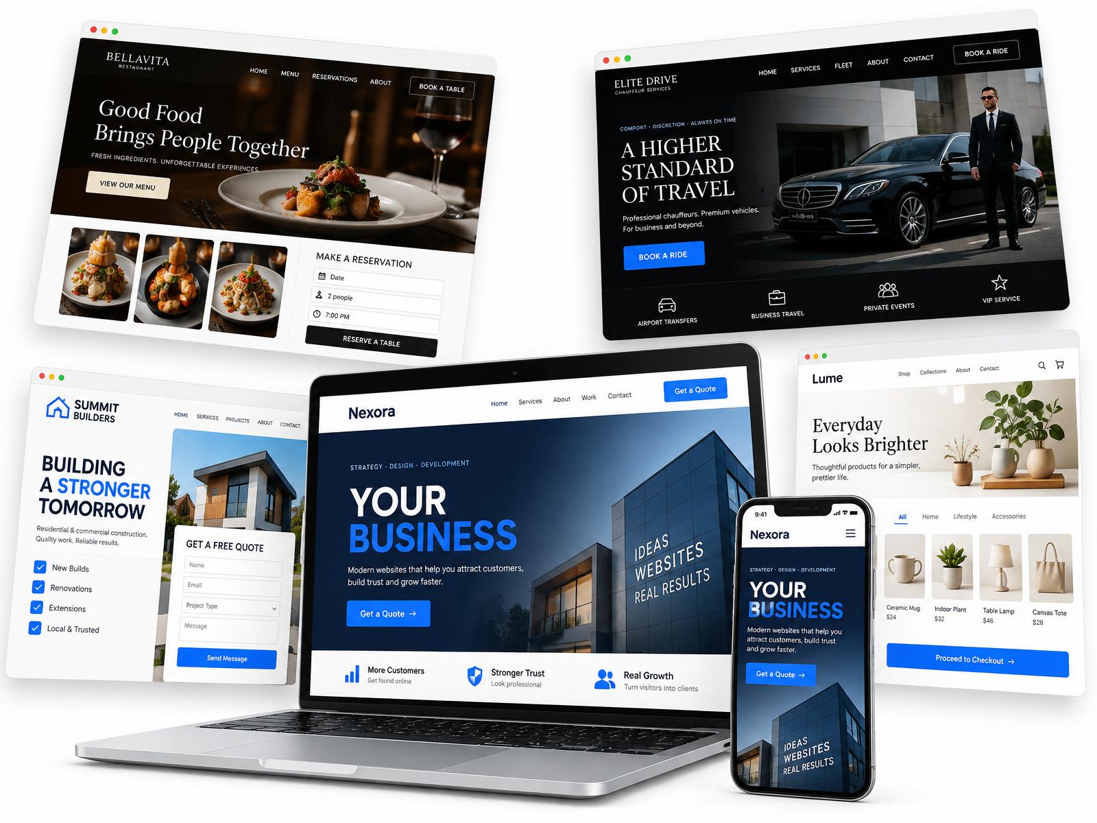 Example website designs shown on a laptop, a phone and floating browser windows: a restaurant, a chauffeur service, a construction company and an online shop